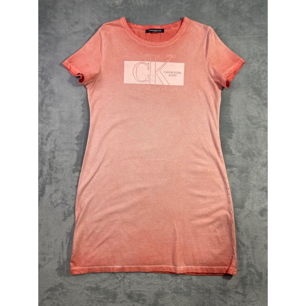 Calvin Klein Jeans Womens Pink Acid Wash Logo Graphic T-Shirt Mini Dress Large